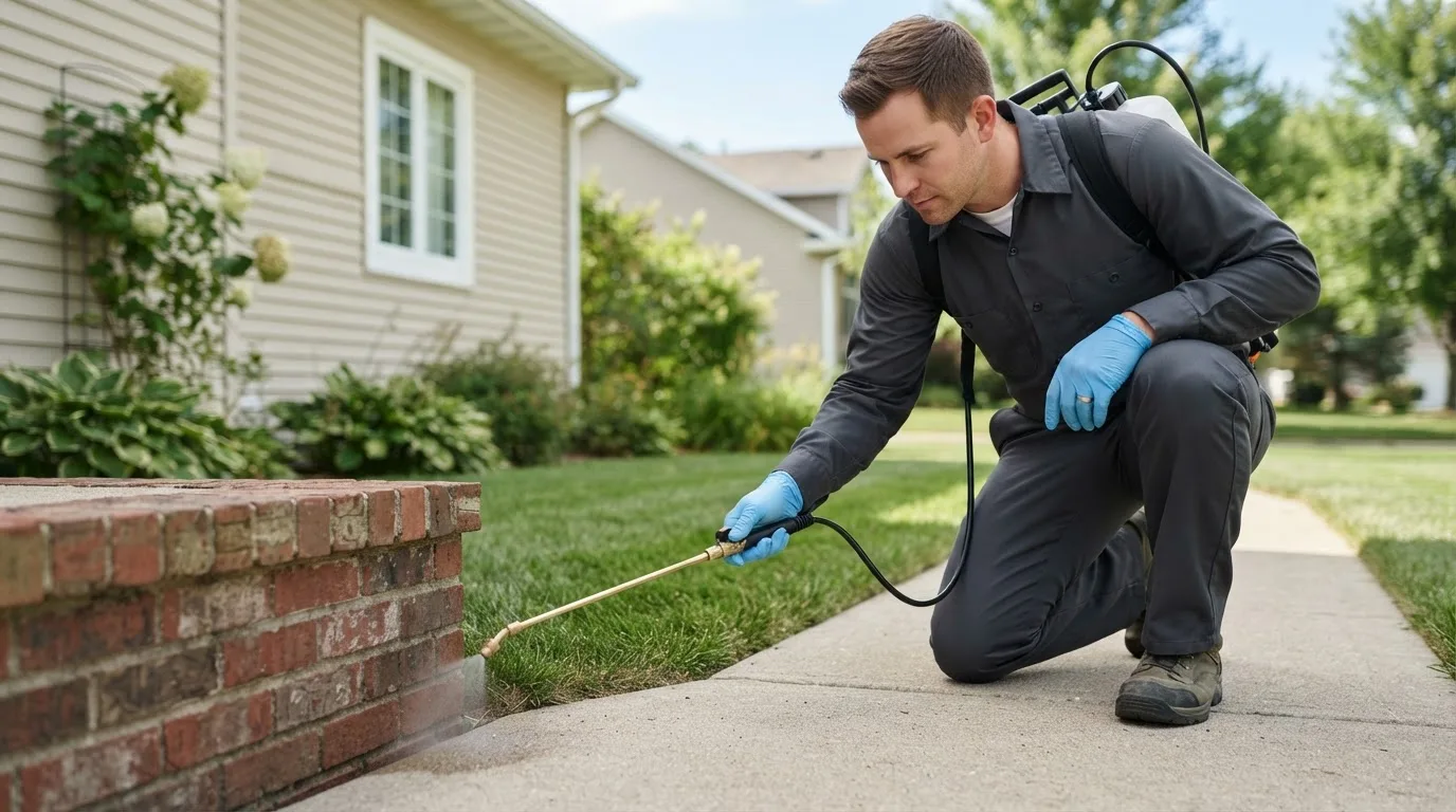 Pest control technician treating a home near Laurelville, OH