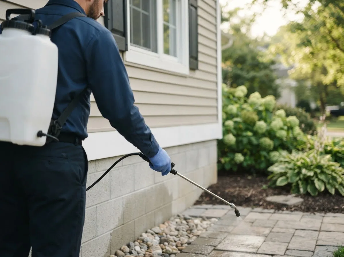Pest control technician inspecting a home in Laurelville, OH